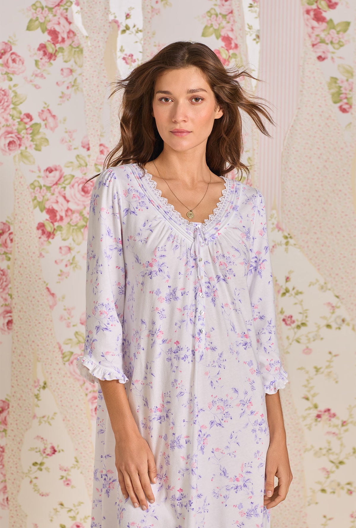 Petite Floral 3/4 Sleeve Cotton Knit Nightgown