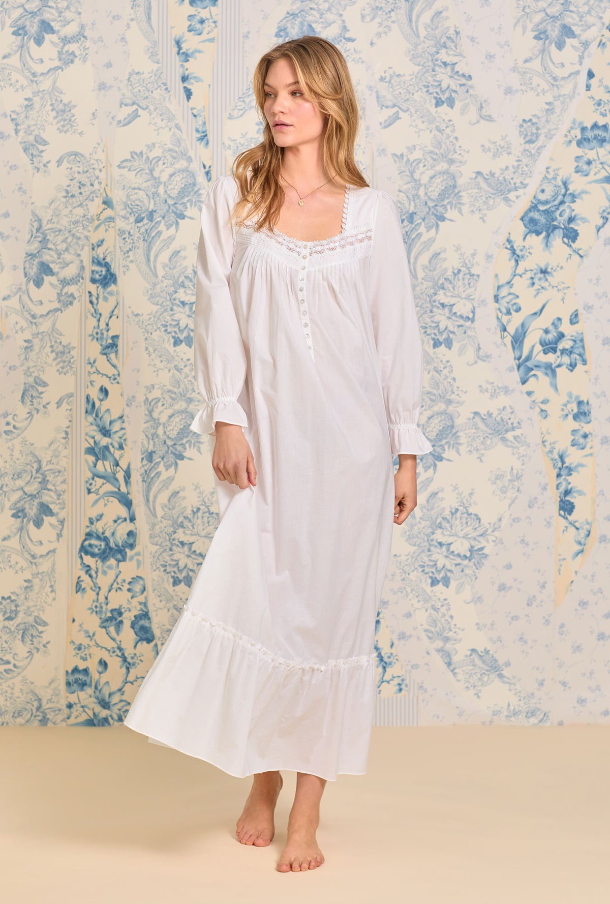 Iconic White Long Sleeve Cotton Lawn Nightgown Eileen West