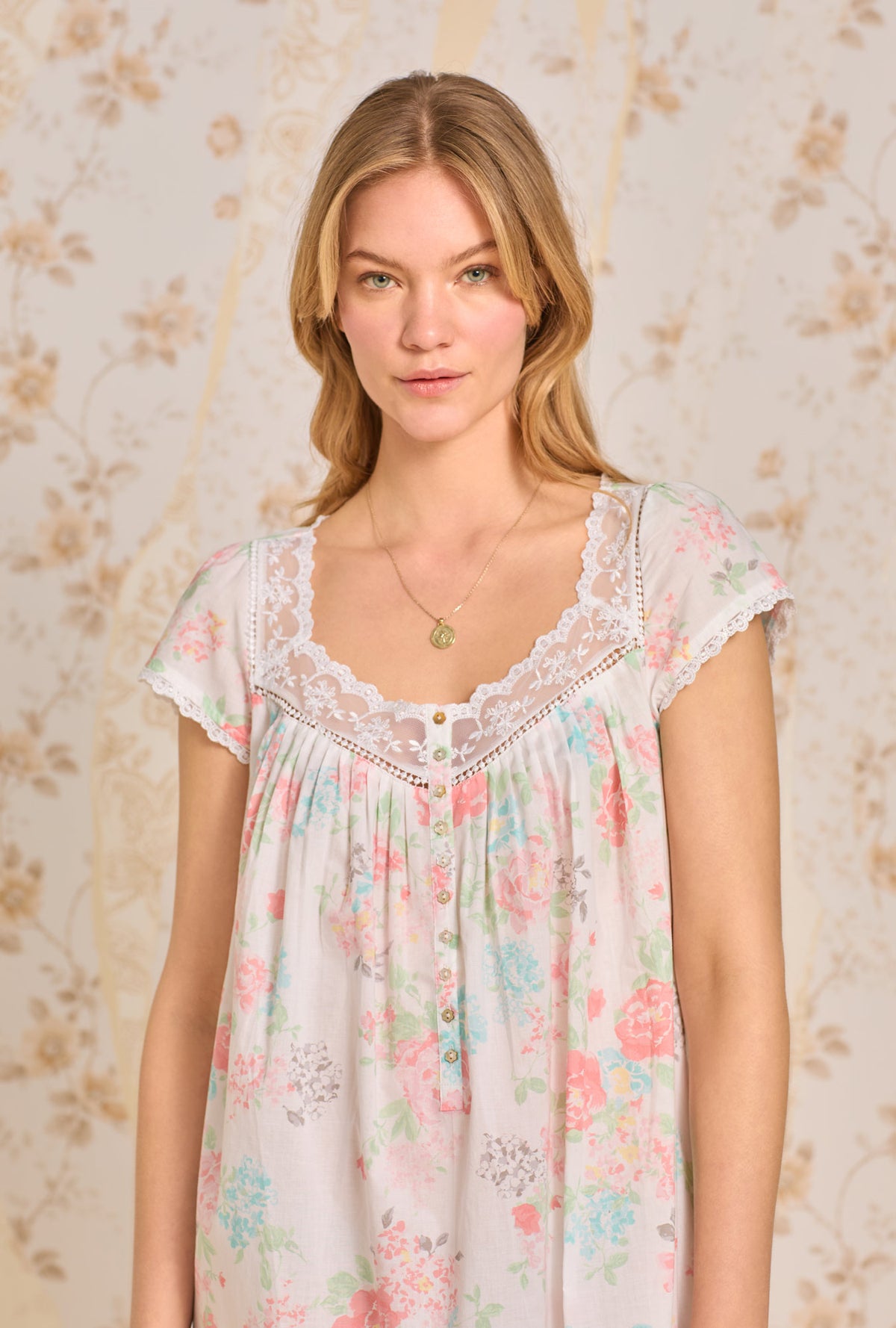 A lady wearing Summer Jubilee  Waltz Cotton Woven Nightgown