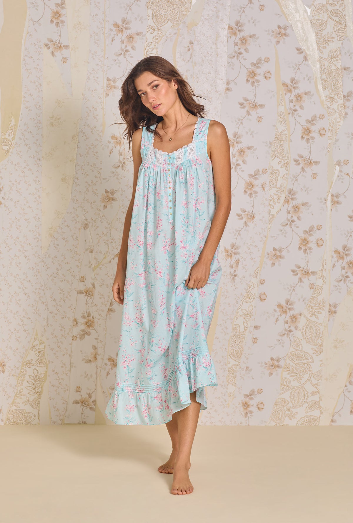 A lady wearing Candy Floral &quot;Eileen&quot; Cotton Lawn Nightgown