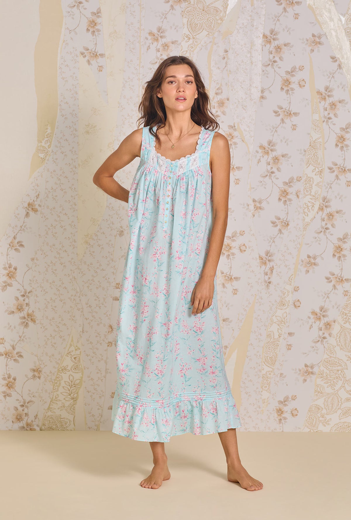 A lady wearing Candy Floral &quot;Eileen&quot; Cotton Lawn Nightgown