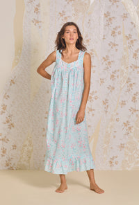 A lady wearing Candy Floral "Eileen" Cotton Lawn Nightgown