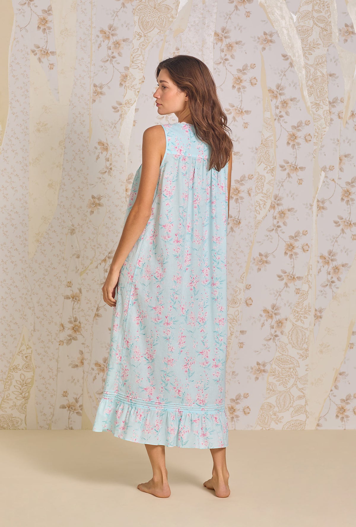 A lady wearing Candy Floral &quot;Eileen&quot; Cotton Lawn Nightgown