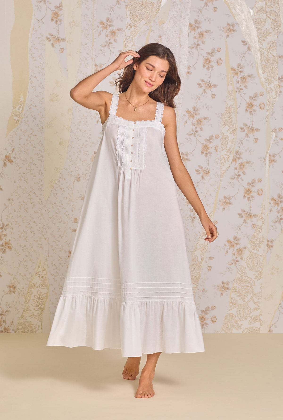 A lady wearing Iconic White &quot;Julia&quot; Cotton Lawn  Strappy Nightgown