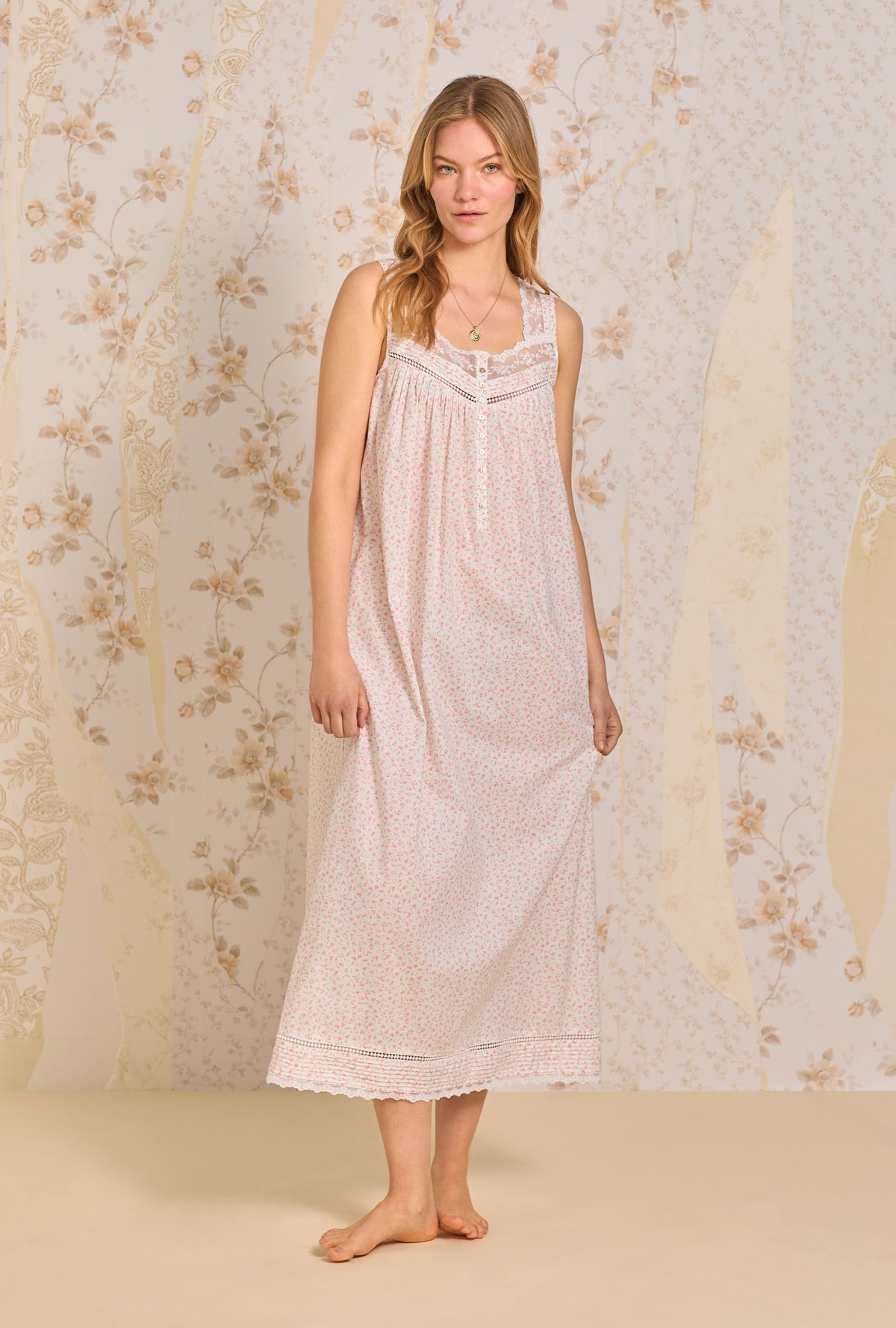 A lady wearing Apricot Floral Cotton Woven Nightgown