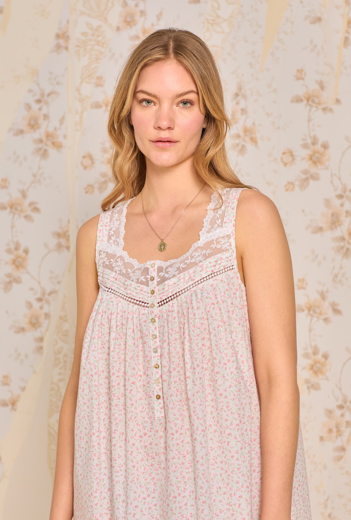 A lady wearing Apricot Floral Cotton Woven Nightgown