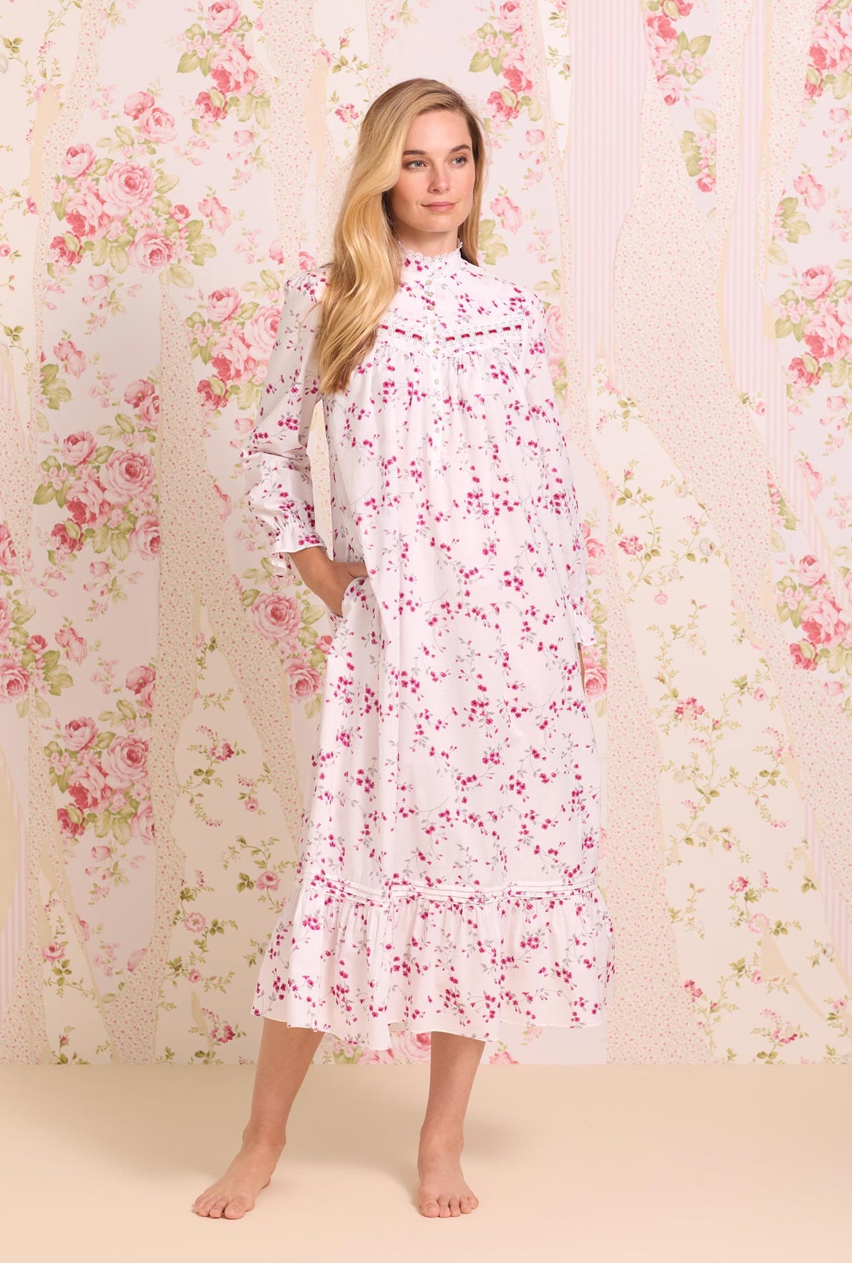 Hollyberry Floral Cotton Lawn Highneck Nightgown