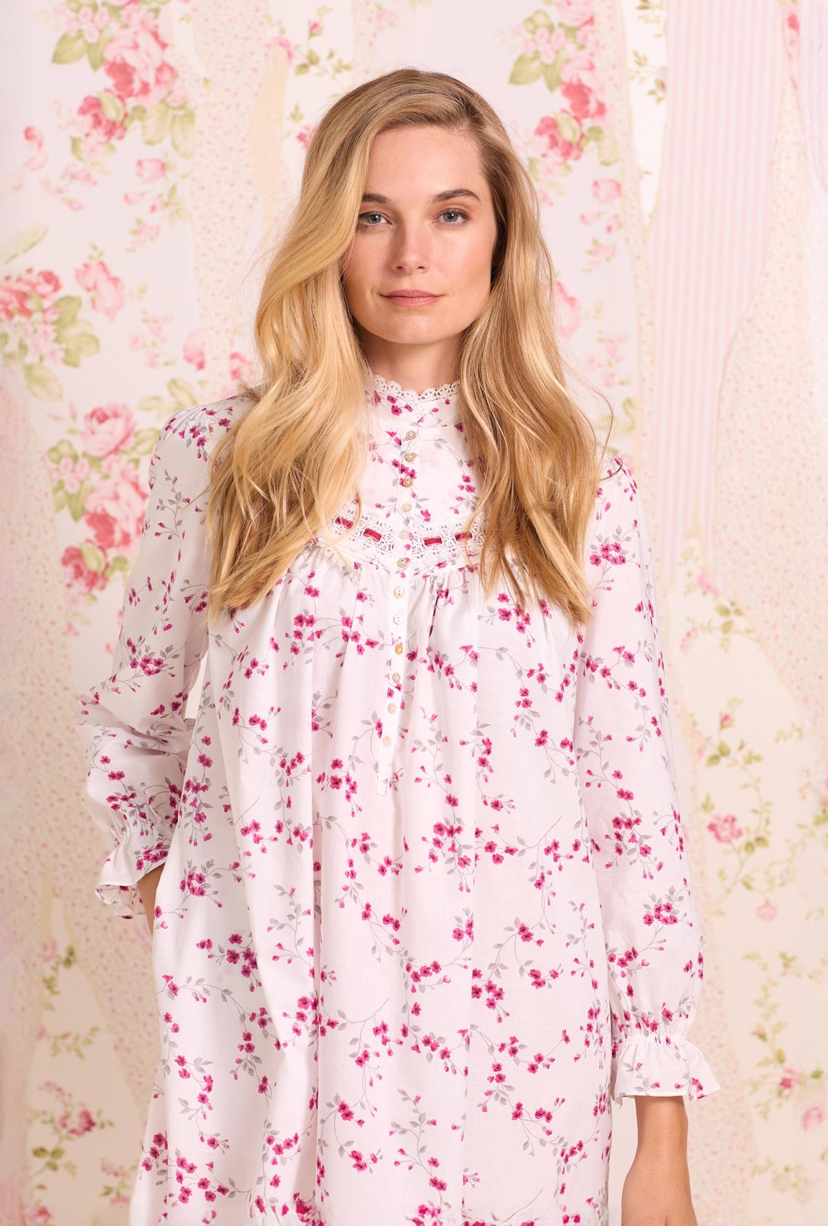 Hollyberry Floral Cotton Lawn Highneck Nightgown