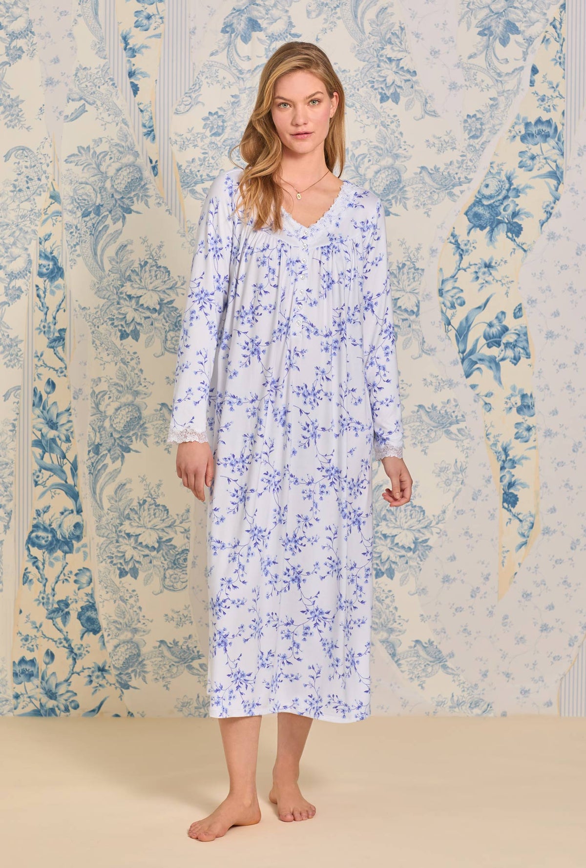 Delicate Blue Floral Sweater Knit Long Nightgown