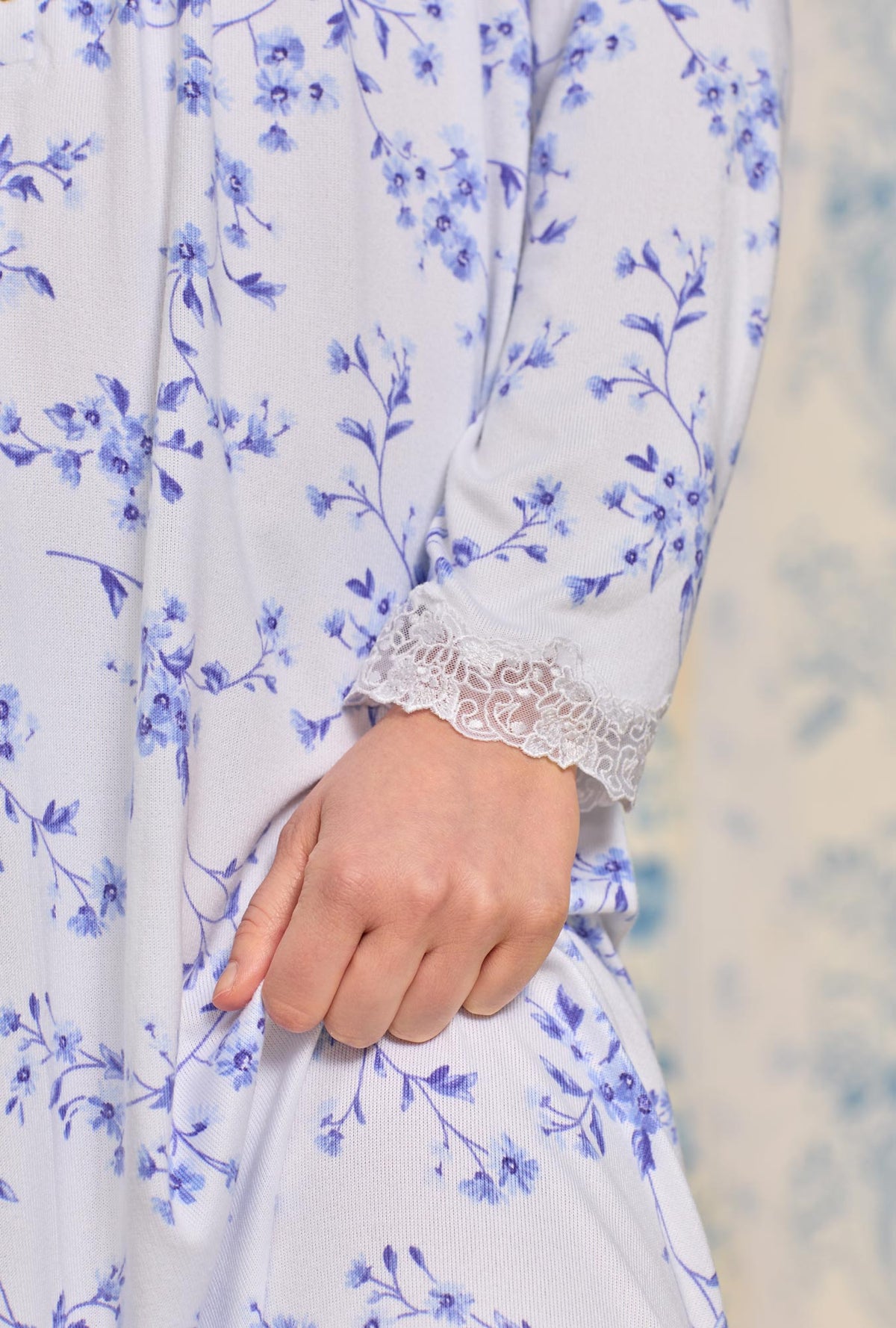 Delicate Blue Floral Sweater Knit Long Nightgown