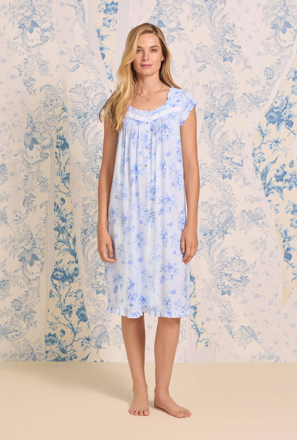 A lady wearing Tencel Blue Garden Modal Waltz Nightgown