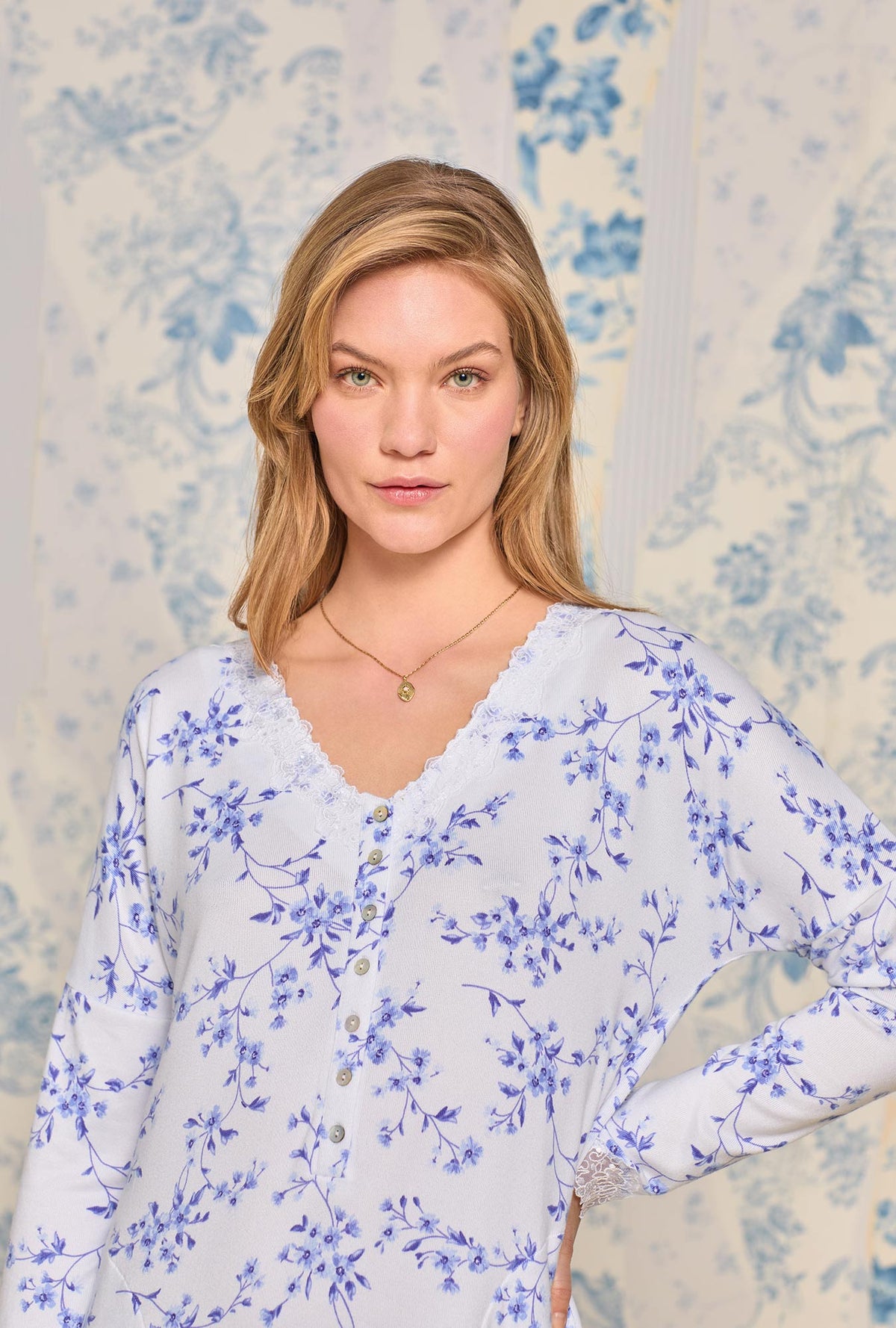 Delicate Blue Floral Cozy Sweater Knit Lounger