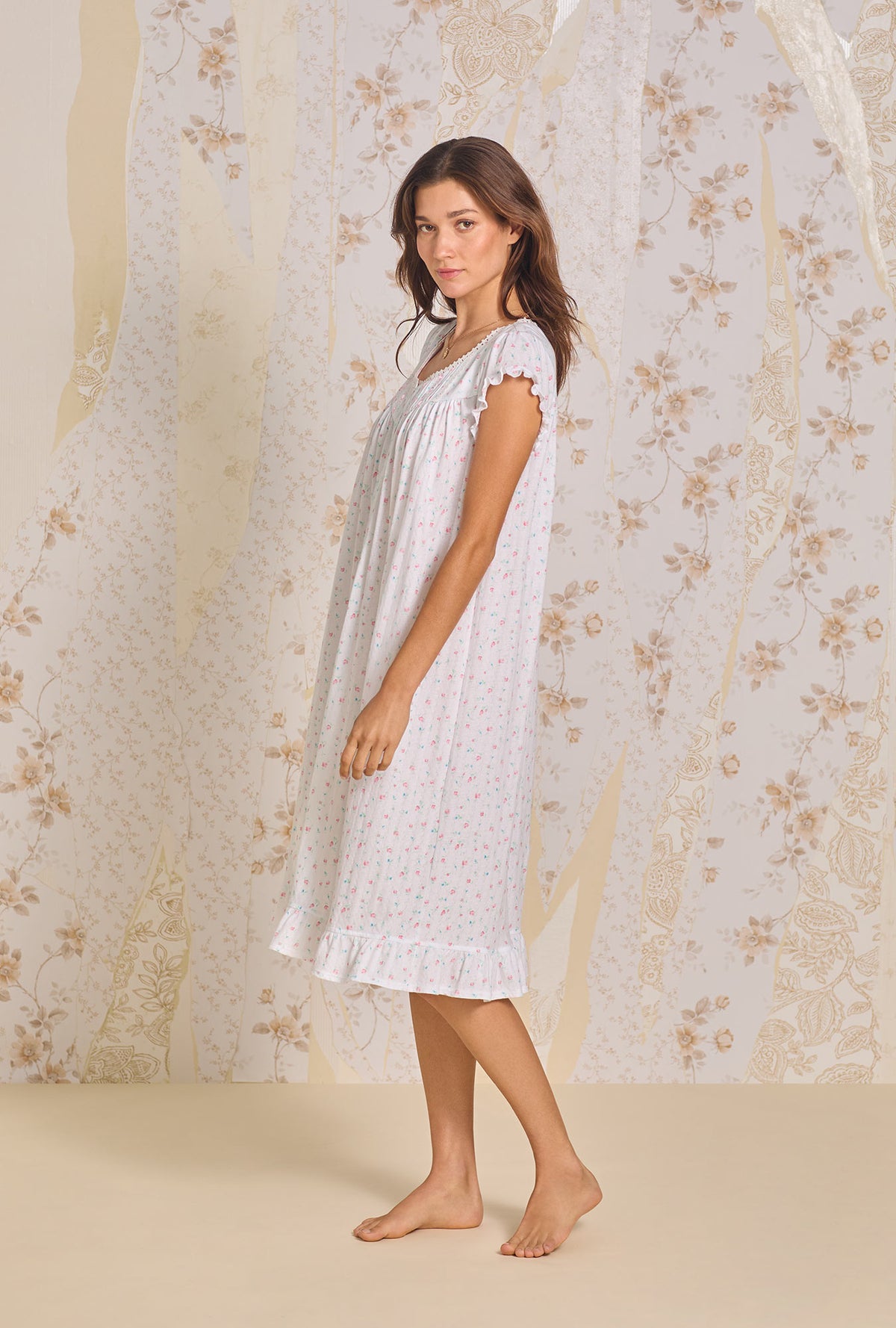 A lady wearing Angelic Rose Cotton Pointelle Waltz Nightgown