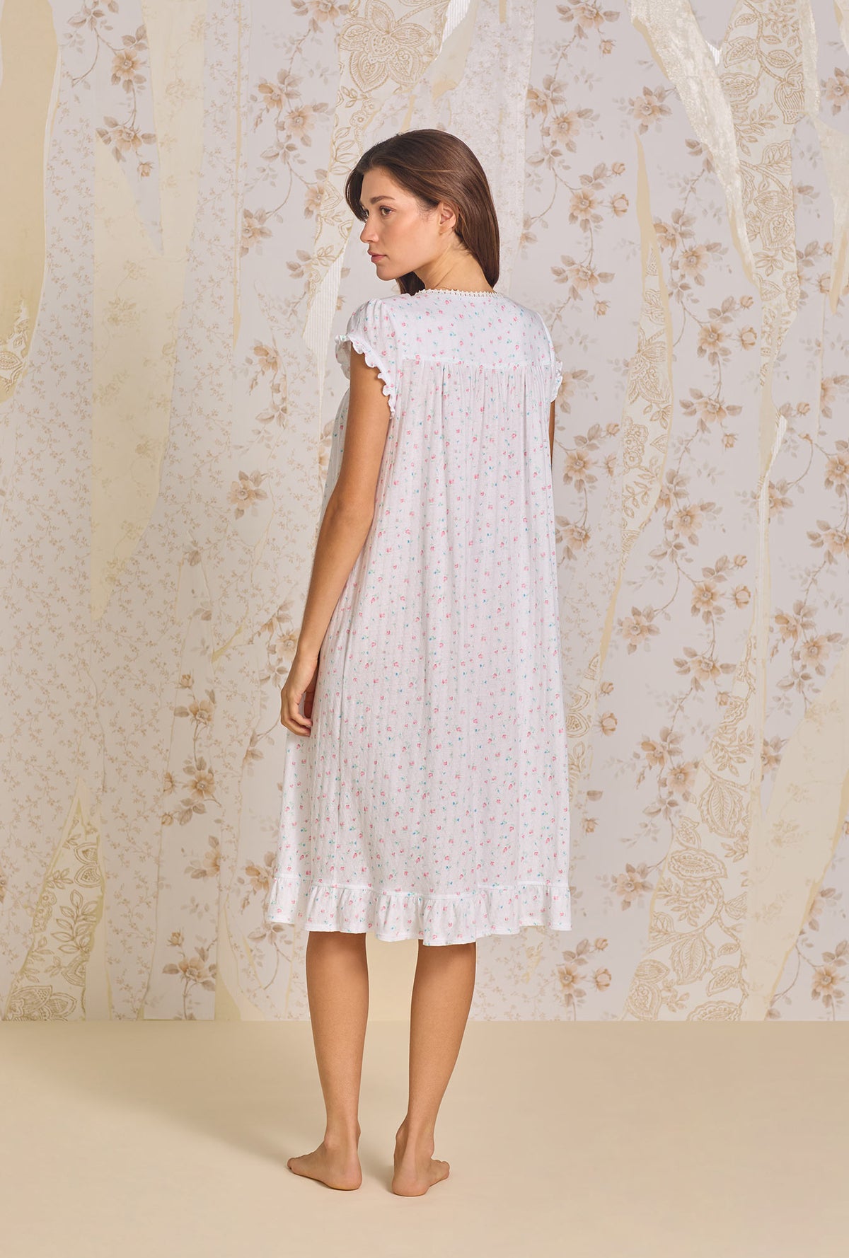 A lady wearing Angelic Rose Cotton Pointelle Waltz Nightgown