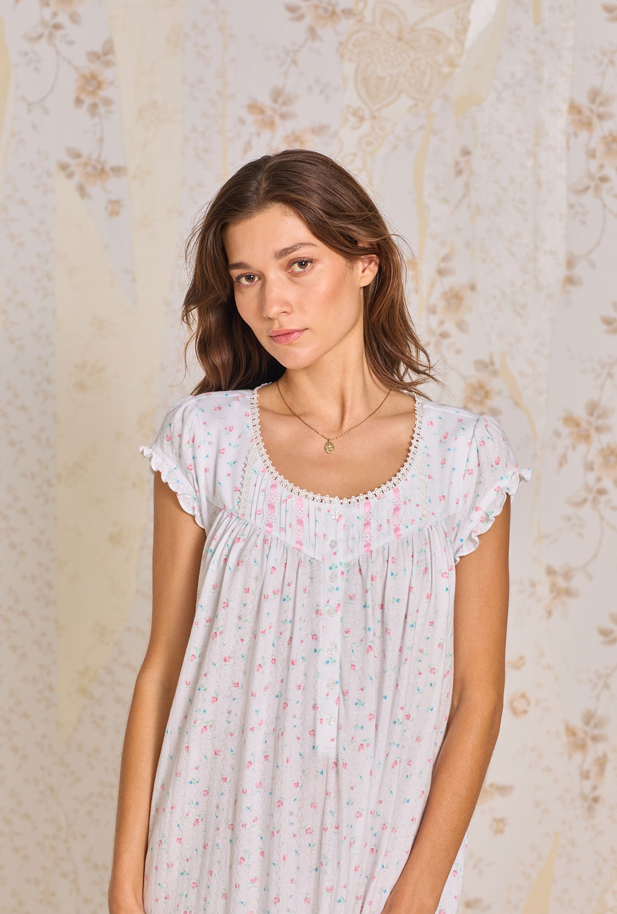 A lady wearing Angelic Rose Cotton Pointelle Waltz Nightgown