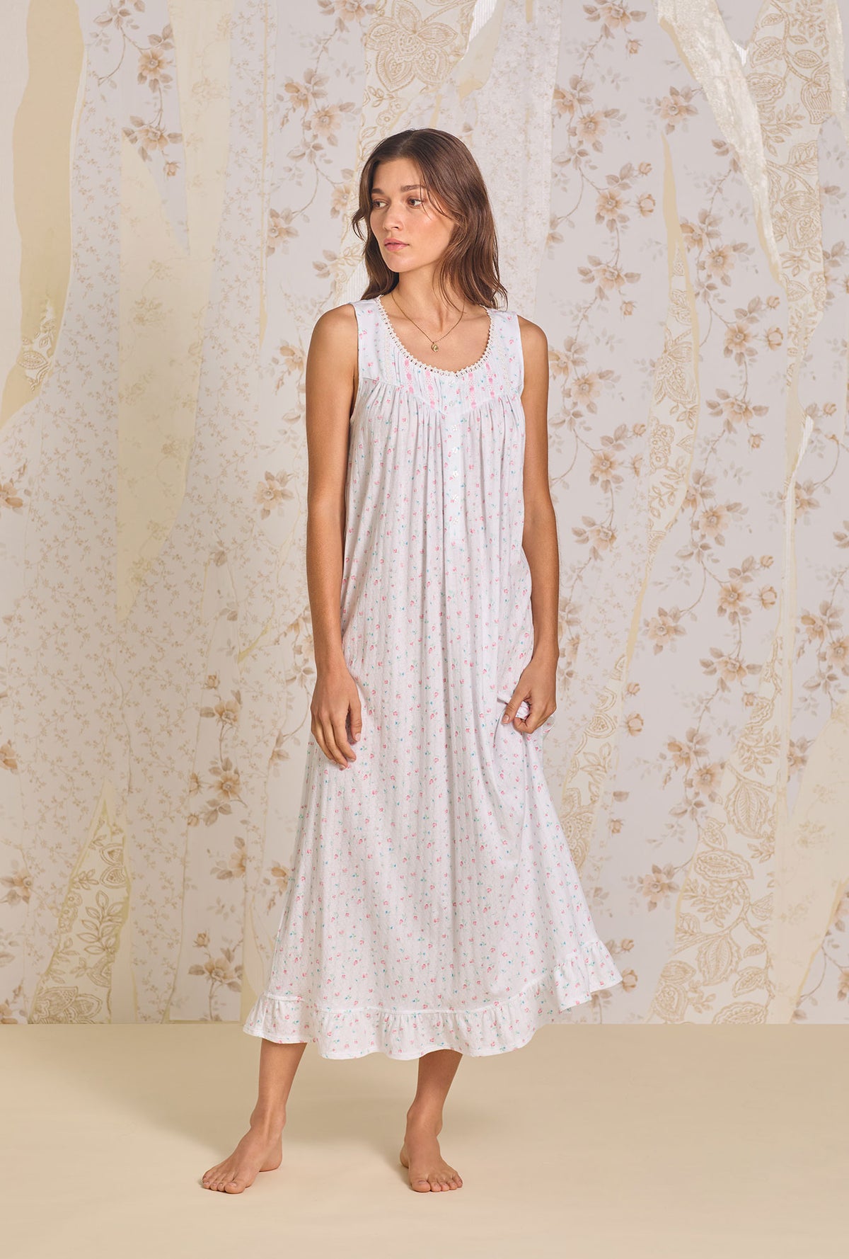 A lady wearing Angelic Rose Cotton Pointelle Ballet Nightgown