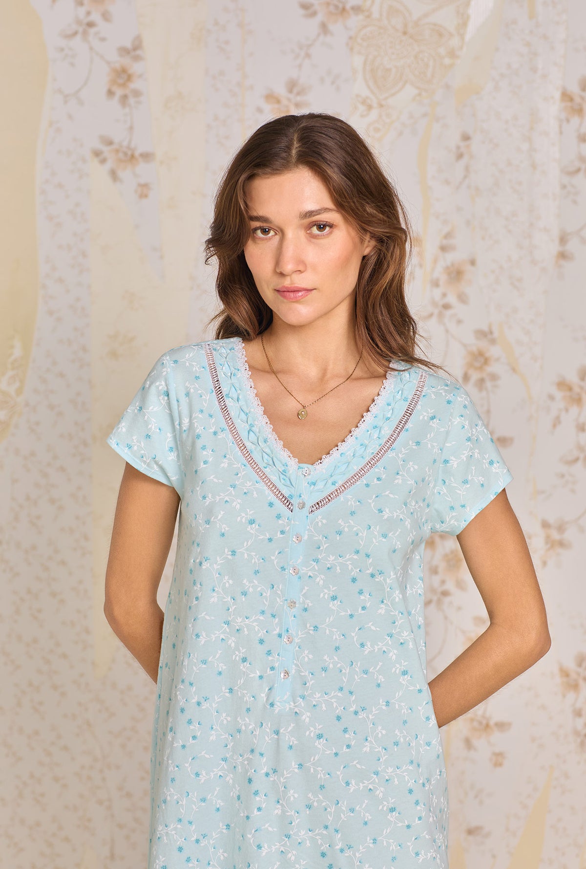 A lady wearing Aqua Vine Cotton Knit Nightshirt