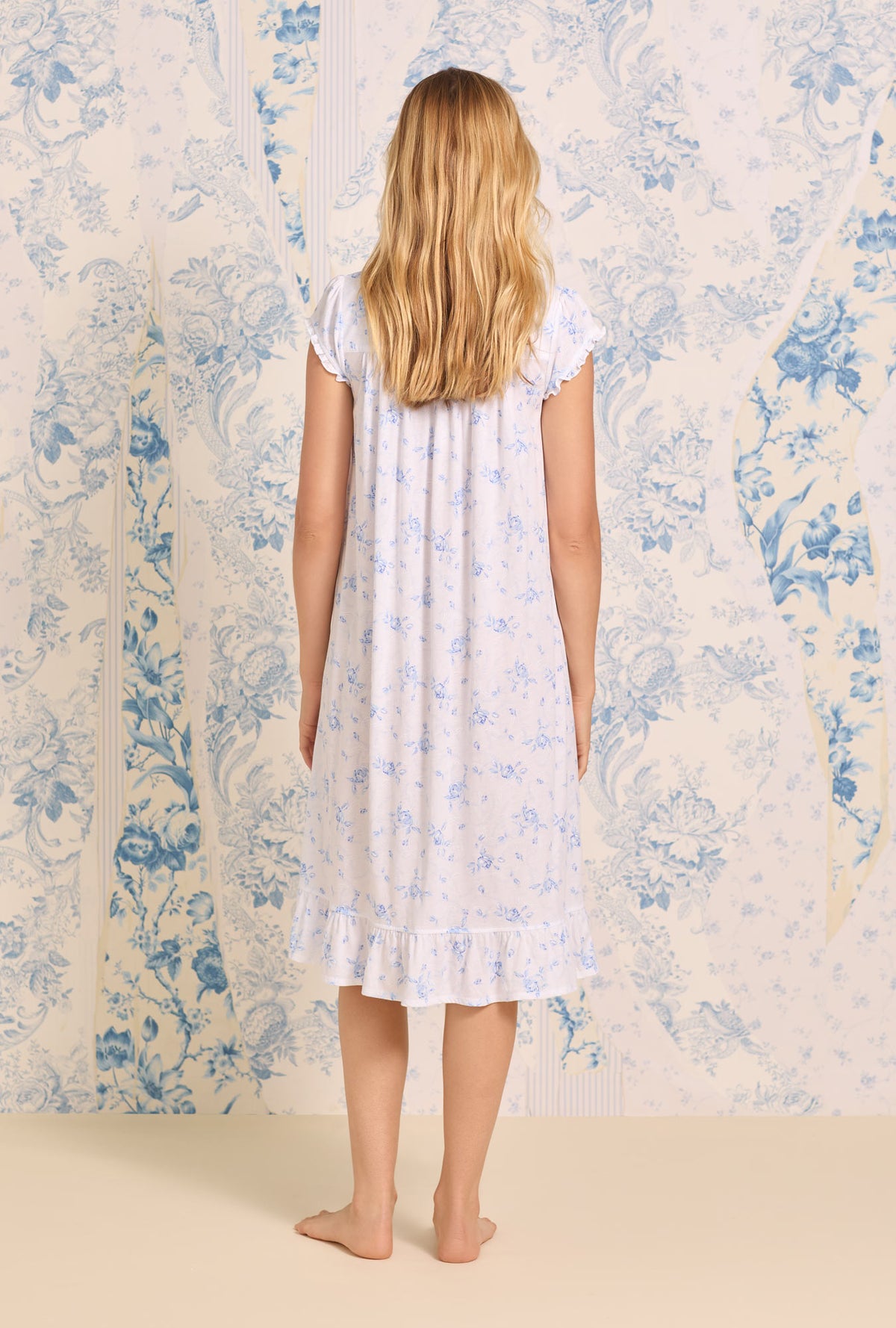 A lady wearing Tencel  Blue Rose Cotton Modal Waltz Nightgown