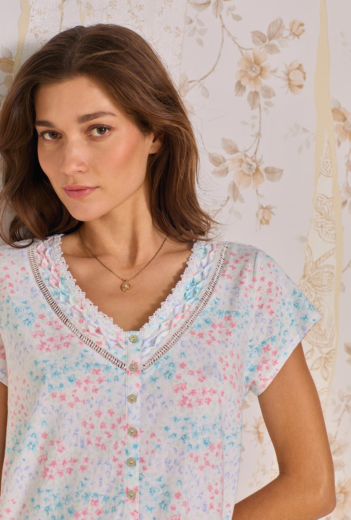 A lady wearing Radiant Floral Cotton Knit Nightshirt