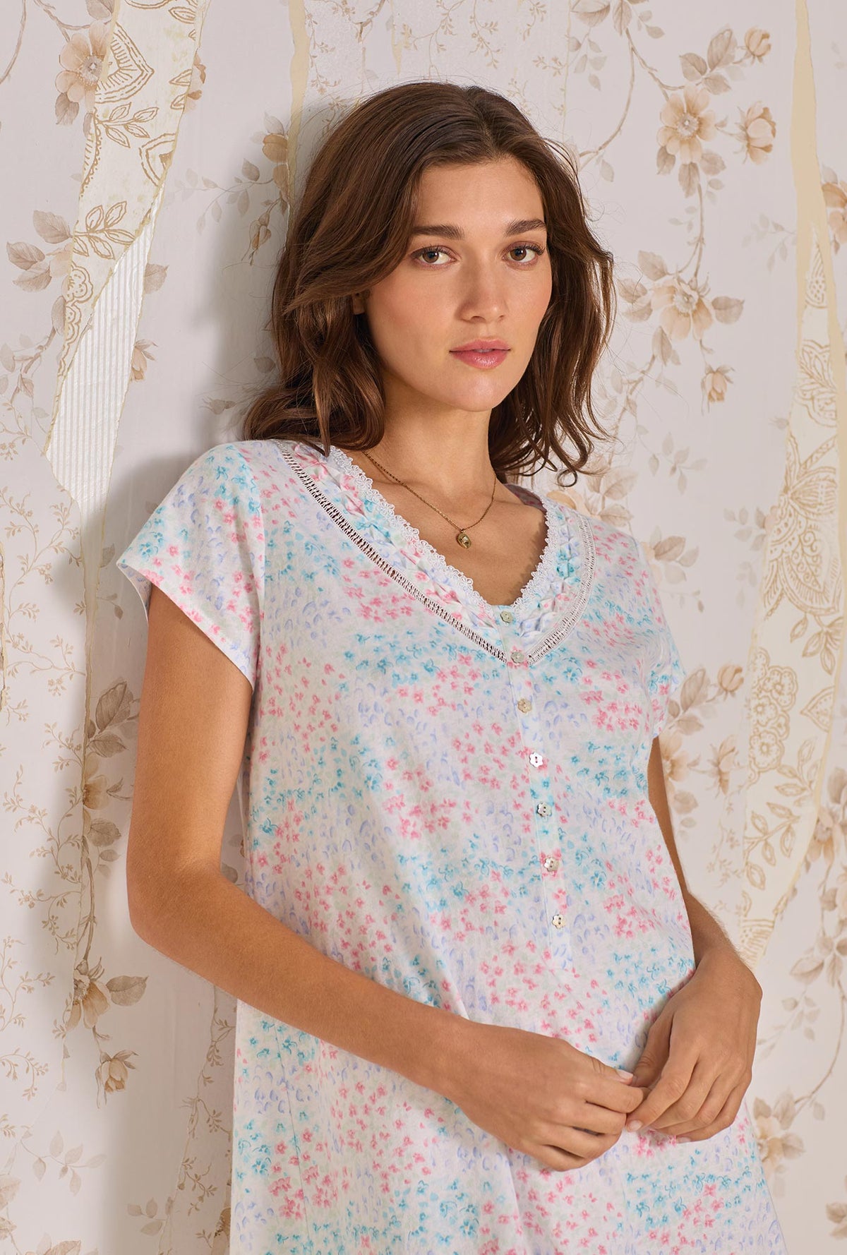 A lady wearing Radiant Floral Cotton Knit Nightshirt