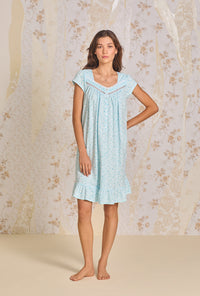 A lady wearing Aqua Vine Cotton Knit Short Gown