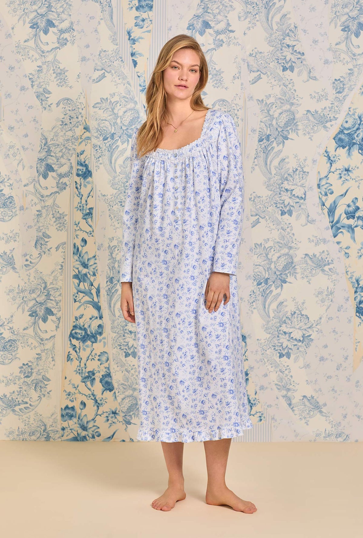 Sweet Blue Rose Long Cotton Knit Nightgown