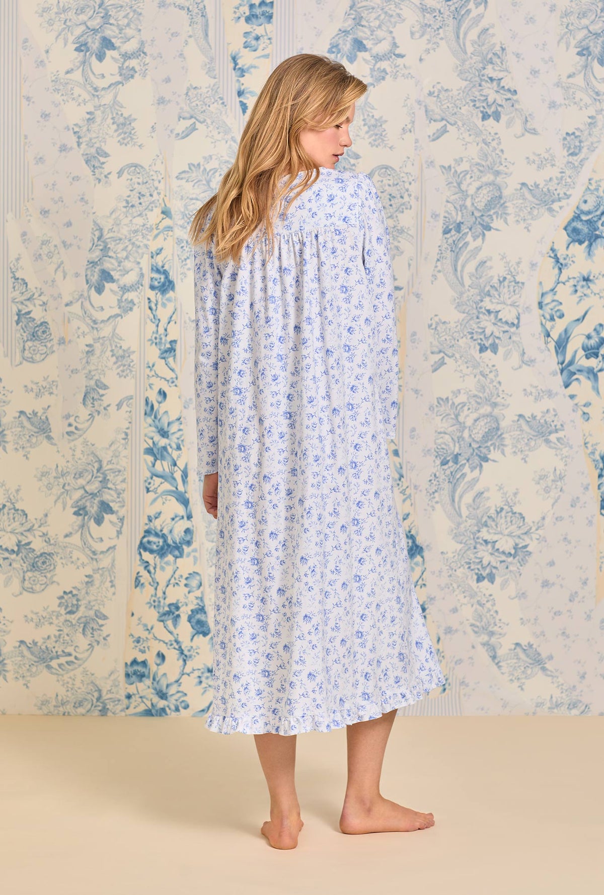 Sweet Blue Rose Long Cotton Knit Nightgown