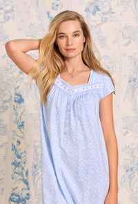 A lady wearing Aqua Floral Long Nightgown