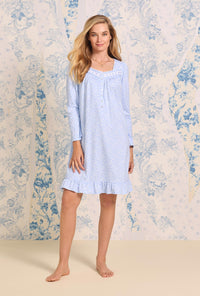 A lady wearing Aqua Floral Long Sleeve Short Nightgown