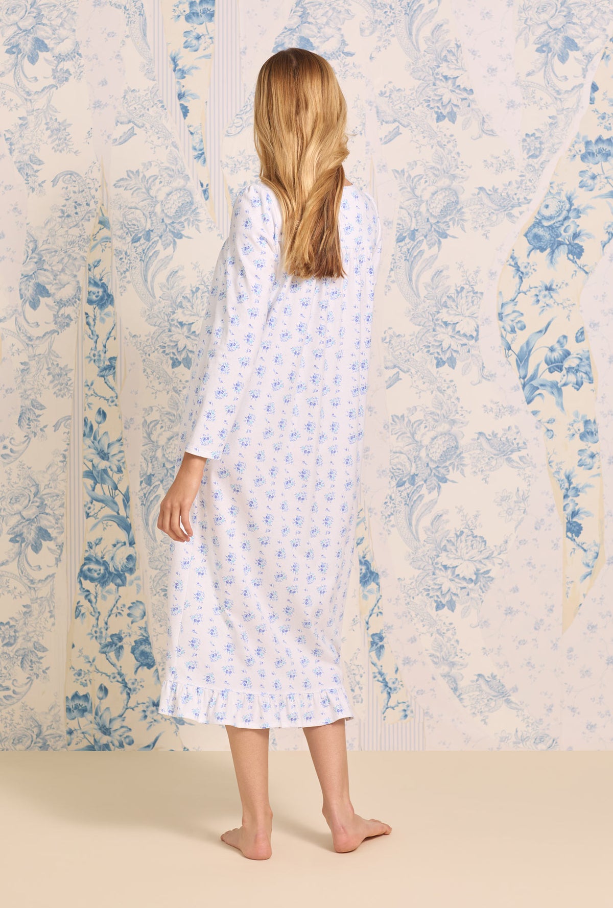 A lady wearing Spotted Bouquet Cotton Long Sleeve Nightgown