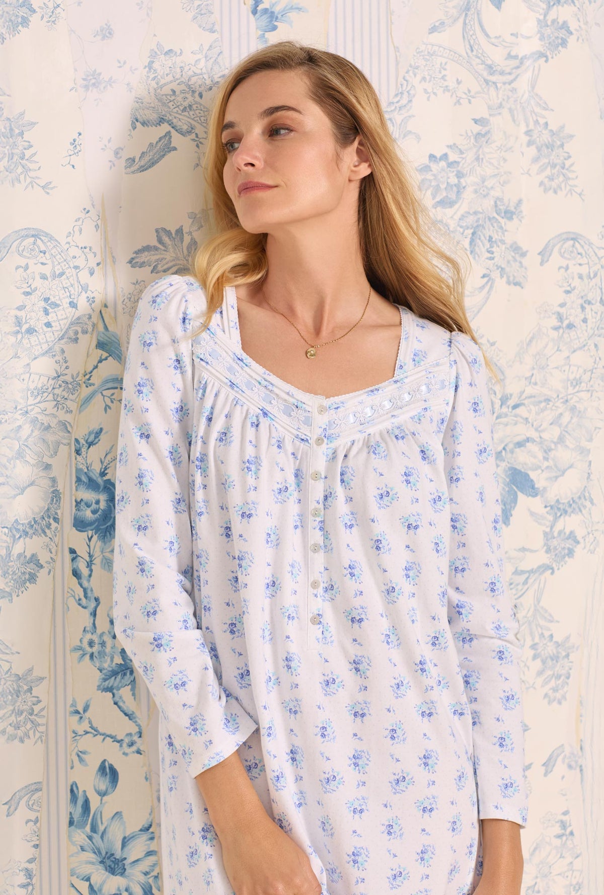 A lady wearing Spotted Bouquet Cotton Long Sleeve Nightgown