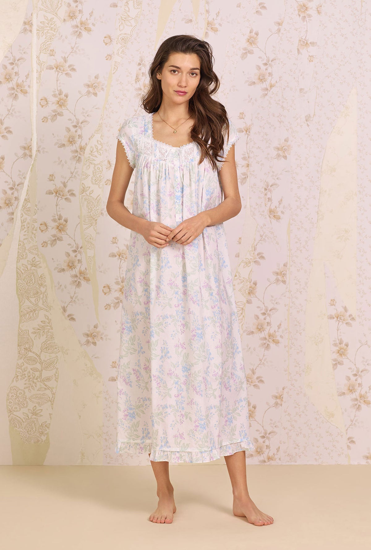 A lady wearing Lupine Garden Cap Sleeve Nightgown