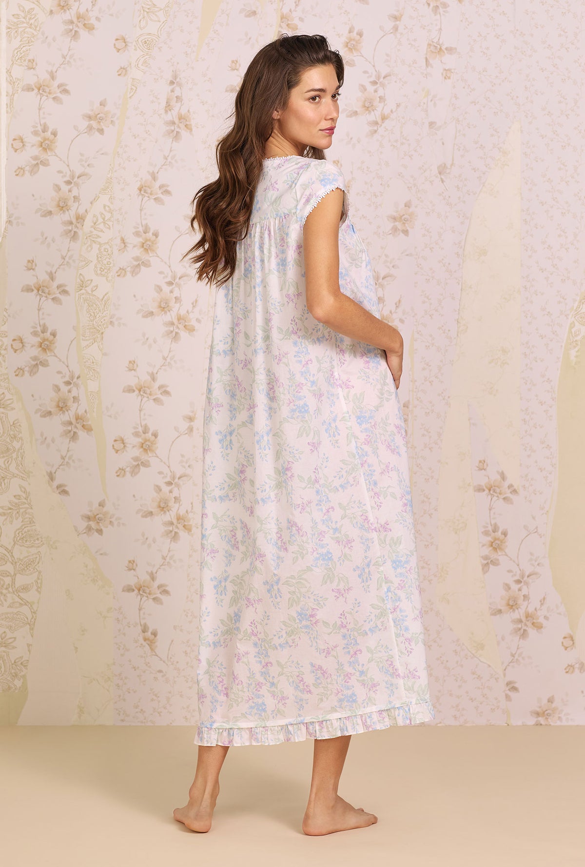 A lady wearing Lupine Garden Cap Sleeve Nightgown