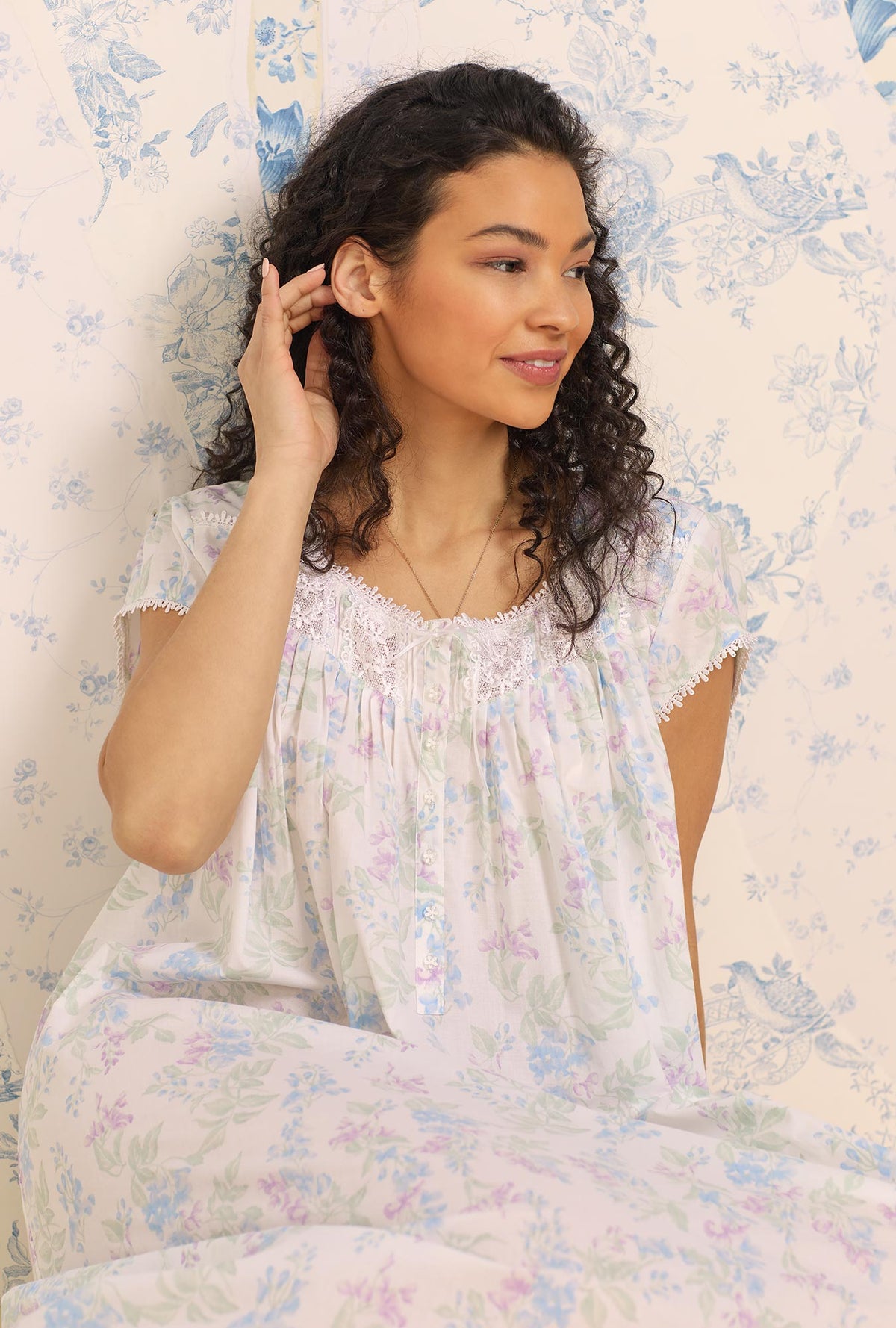 A lady wearing Lupine Garden Cap Sleeve Nightgown