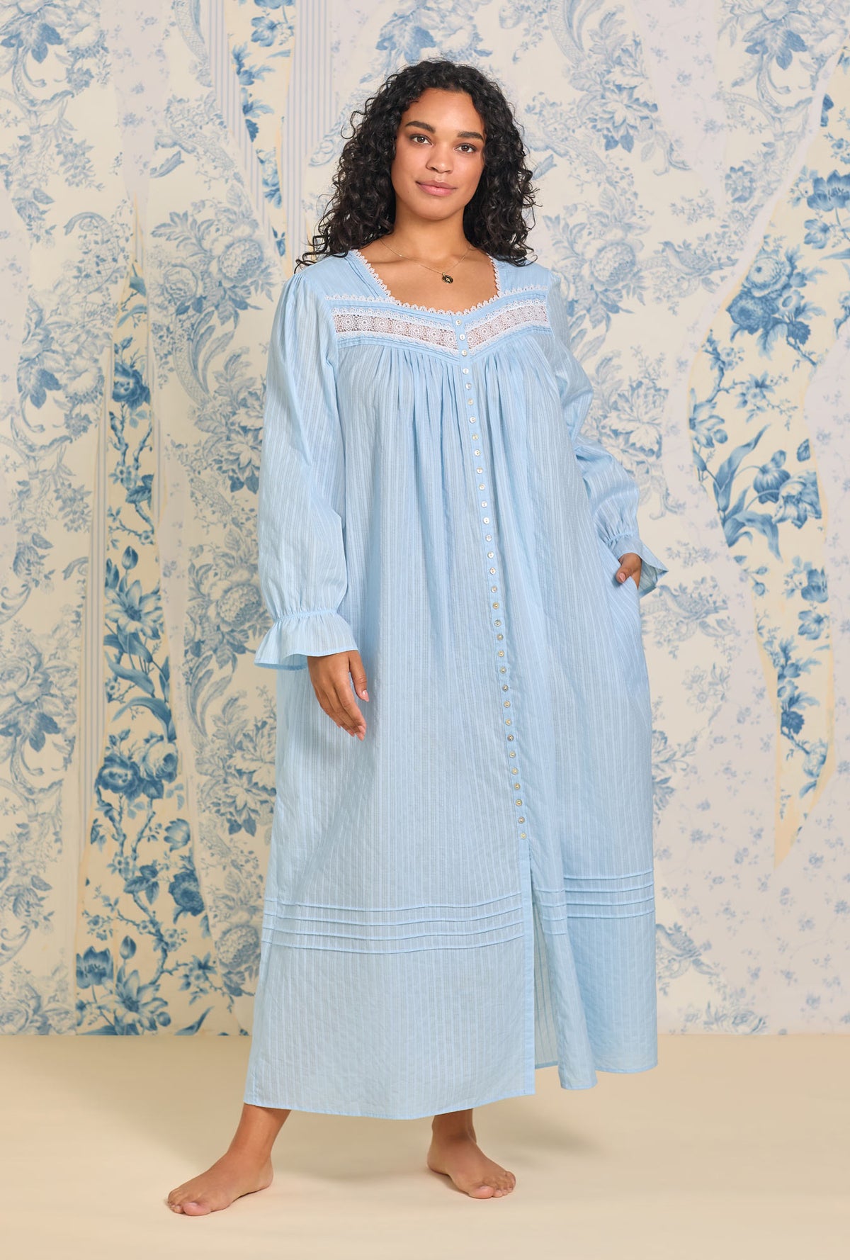 A lady wearing Dobby Stripe Button Front Robe