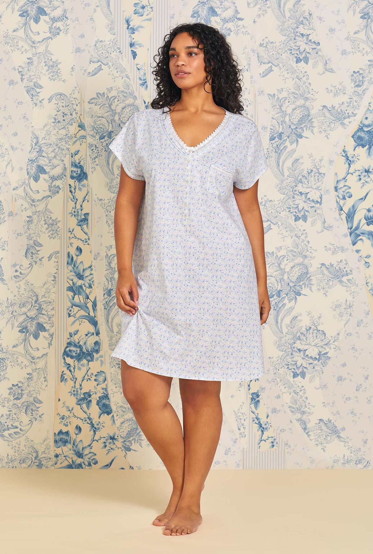 A lady wearing Summer Floral Cotton Knit Nightshirt