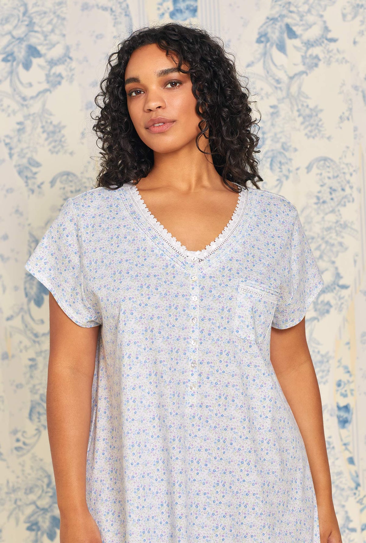 A lady wearing Summer Floral Cotton Knit Nightshirt