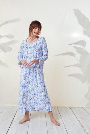 Dream Sweater Knit Blue Floral Long Nightgown - Eileen West